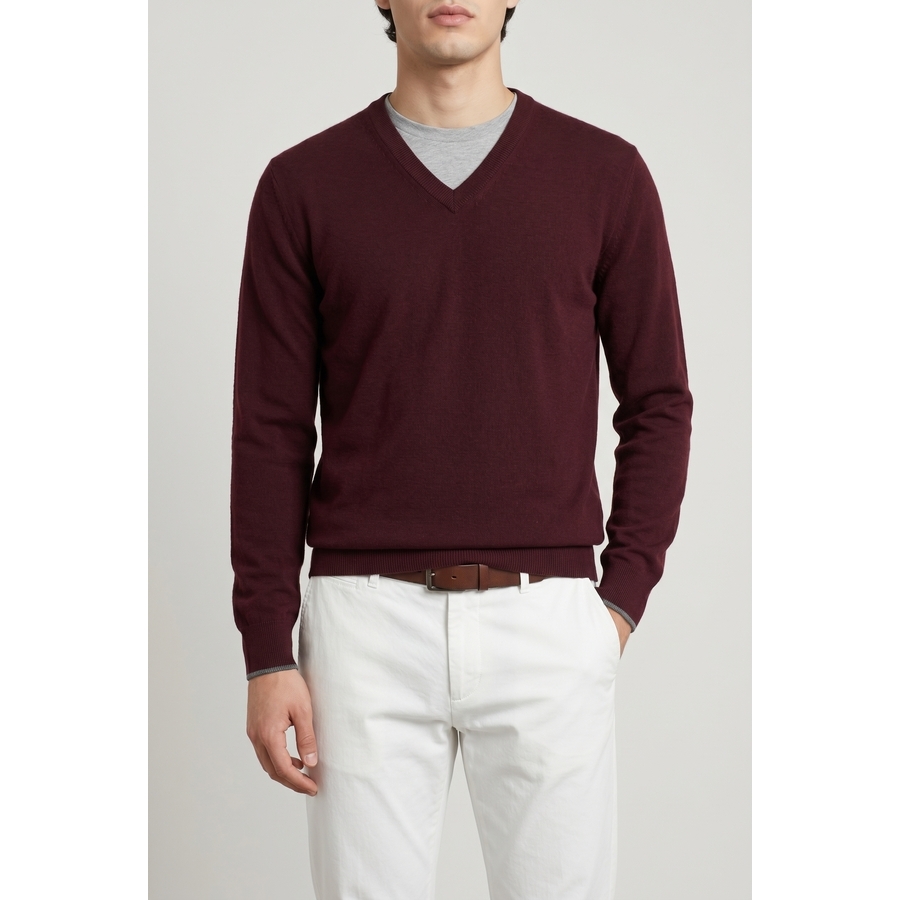 Brunello Cucinelli Dark Red Wool V Neck Sweater