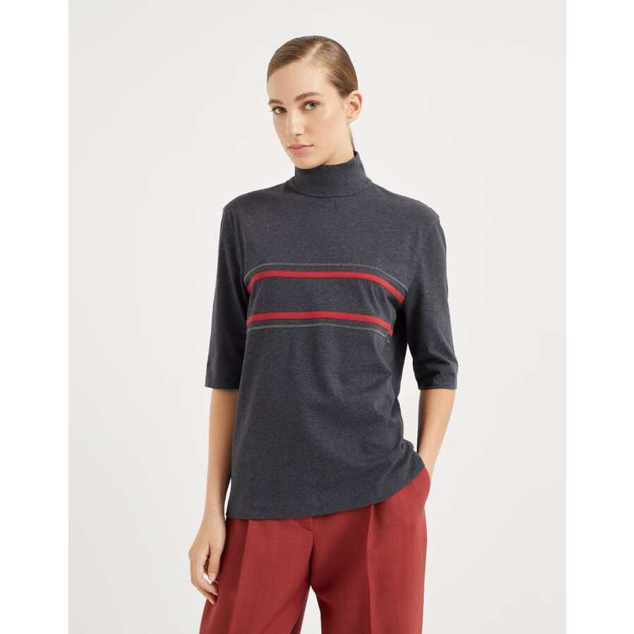 Brunello Cucinelli Women's Charcoal Striped Mock Neck Shirt