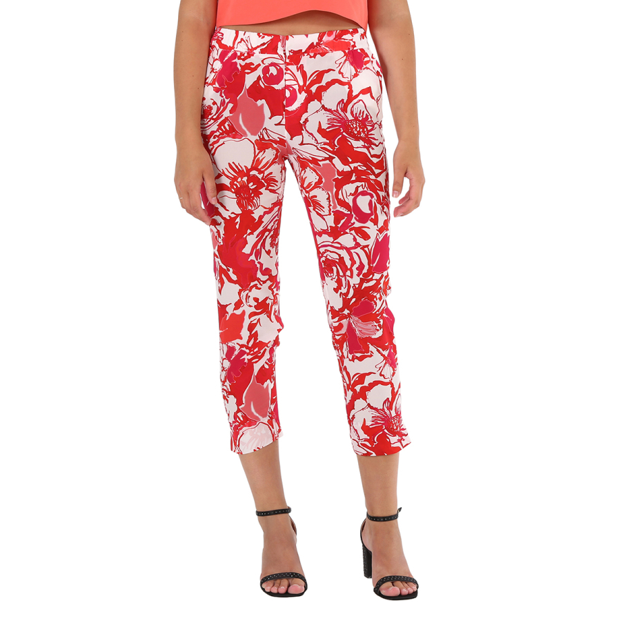 Roberto Cavalli Ladies Hydrangea / White Floral-print Straight-leg Silk Trousers