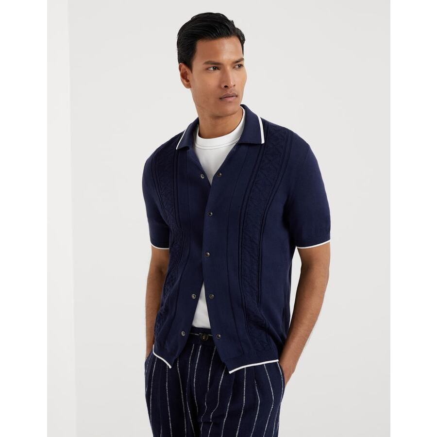 Brunello Cucinelli Men's Navy Cotton Short Sleeve Button Sweater
