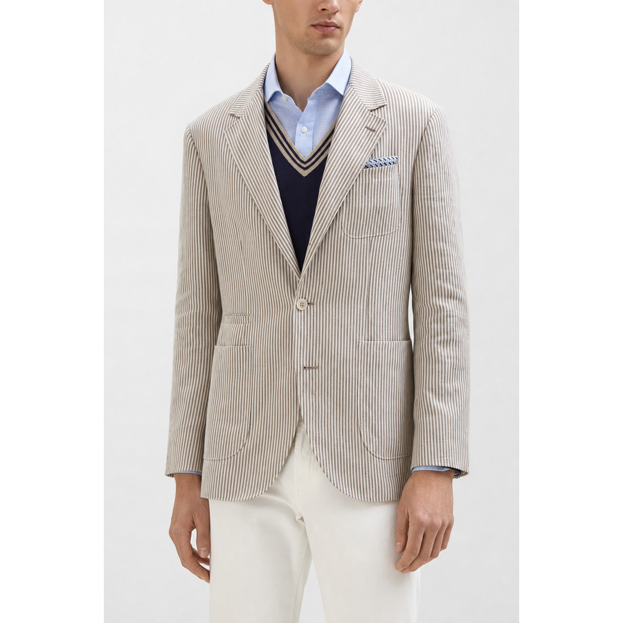 Brunello Cucinelli Men'S Beige Linen Wool Striped Blazer