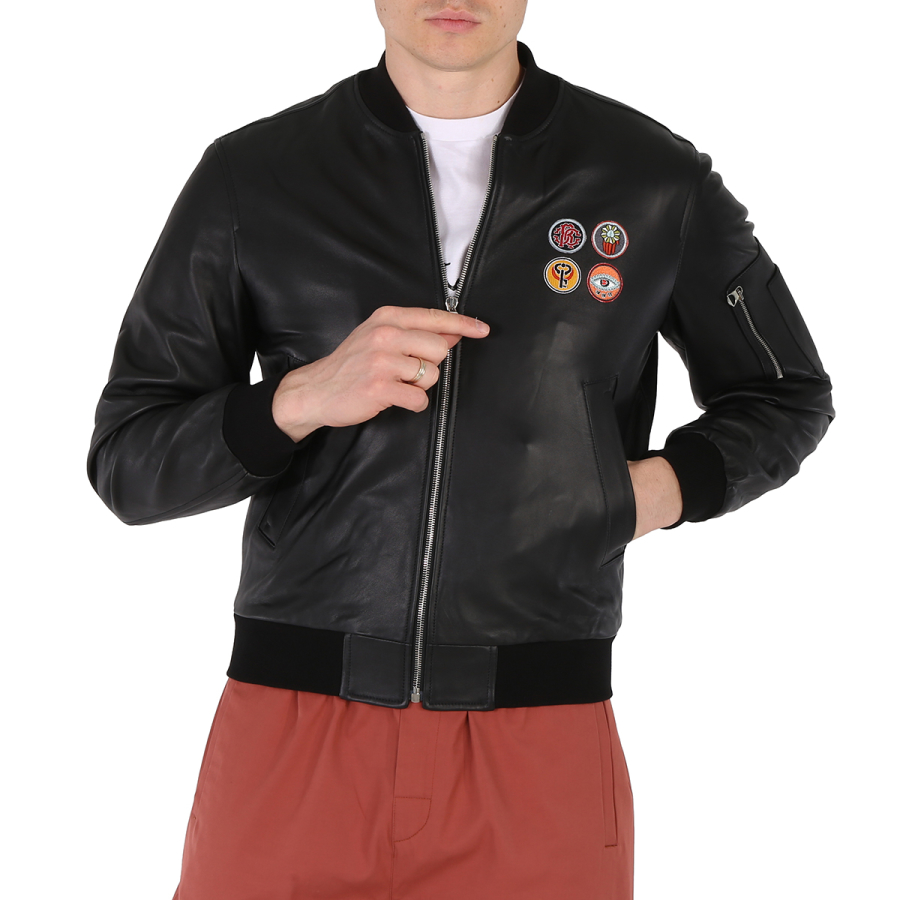 Roberto Cavalli Black Nappa Lucky Symbol Embroidered Bomber Jacket