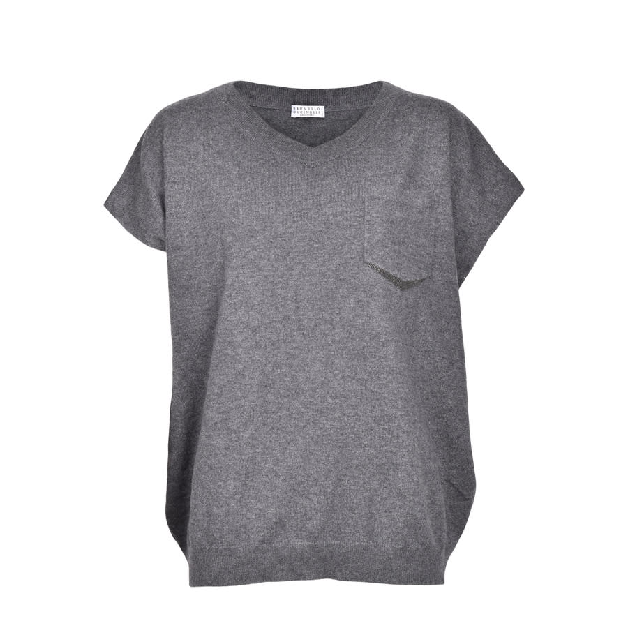 Brunello Cucinelli Gray Cashmere Short-Sleeve Sweater