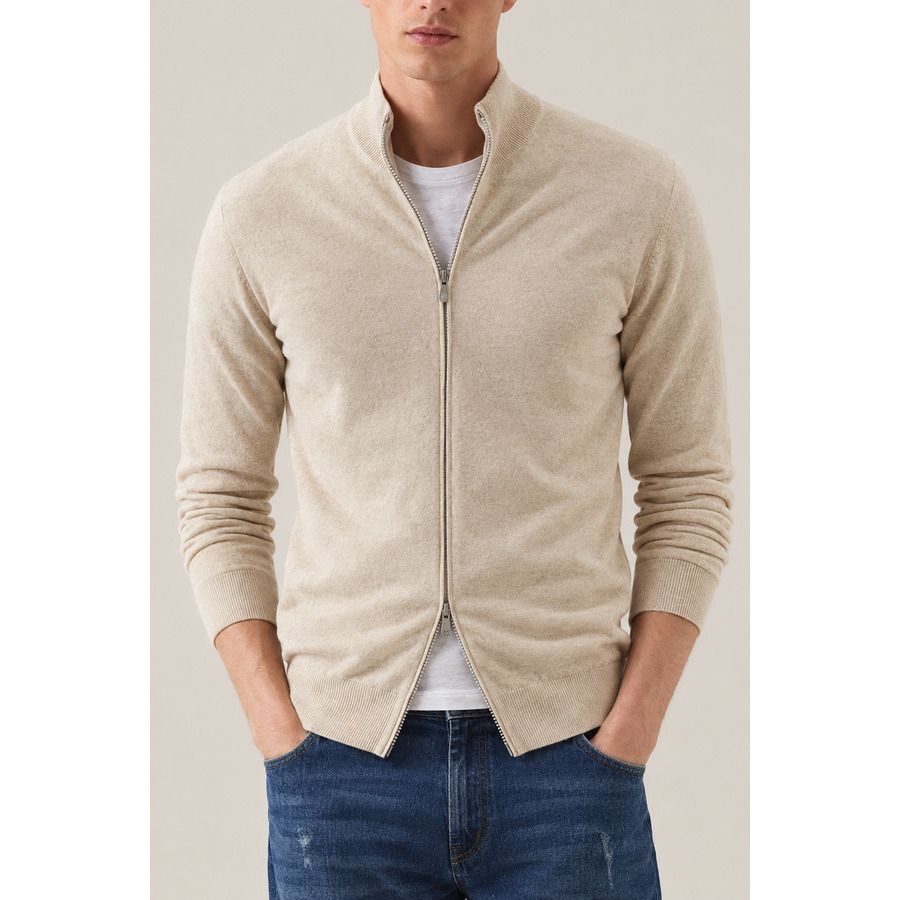 Brunello Cucinelli Men's Sand Wool Zip Front Sweater