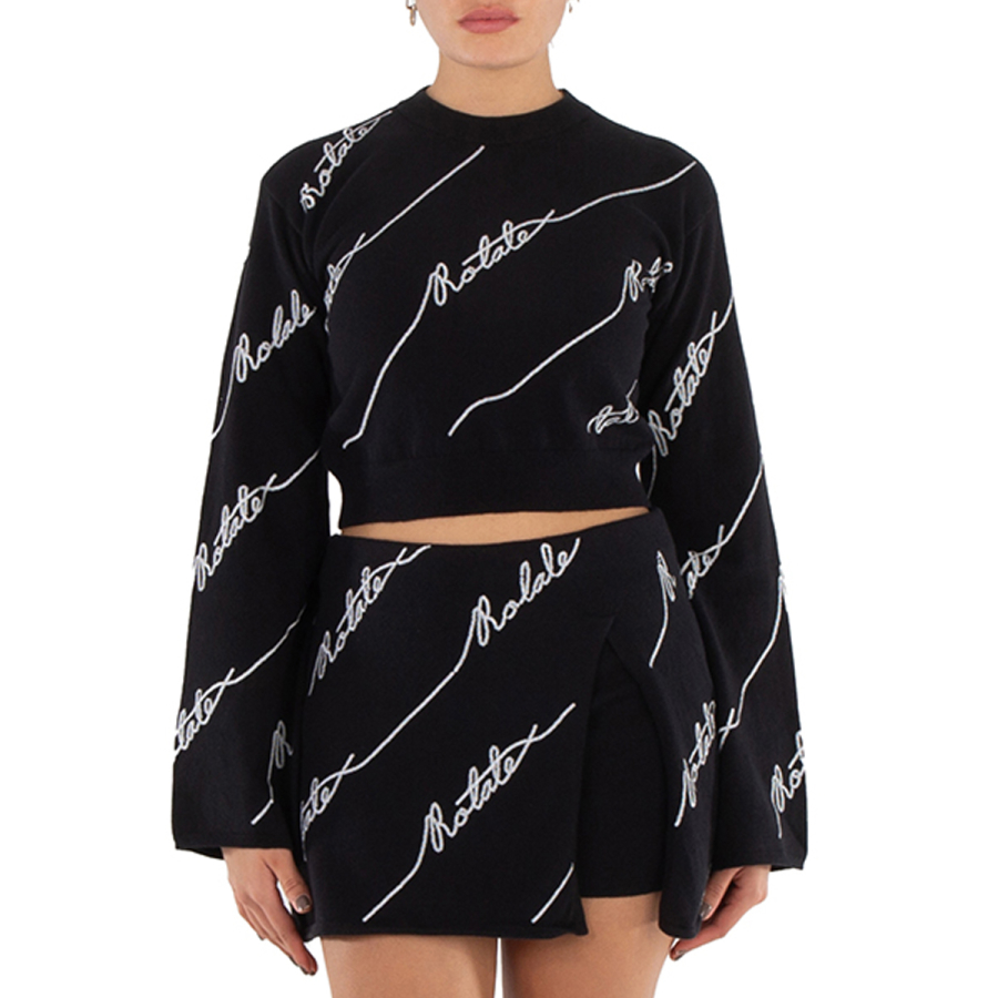 Rotate Ladies Black Logo-Embellished Cropped Jumper