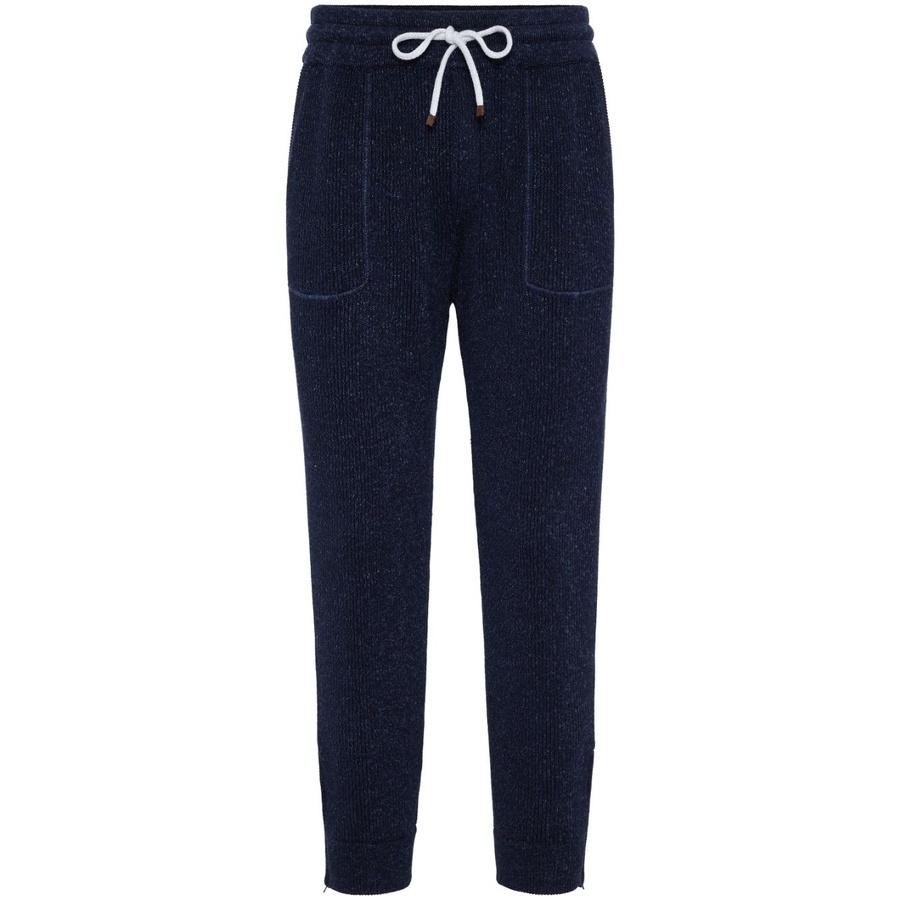Brunello Cucinelli Navy Cotton Linen Ribbed Jogger Trousers