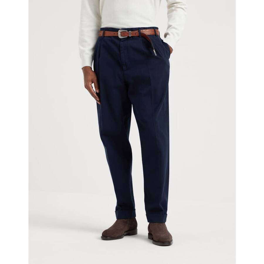 Brunello Cucinelli Mens Navy Cotton Pleated Trousers