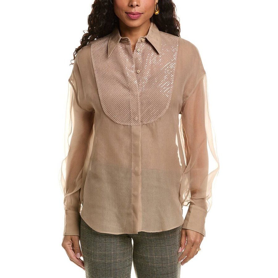 Brunello Cucinelli Sequin-Embellished Silk Shirt — Beige