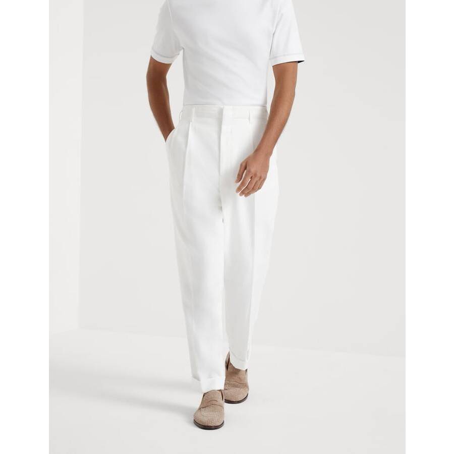 Brunello Cucinelli Men's Off White Cotton Pleated Trousers