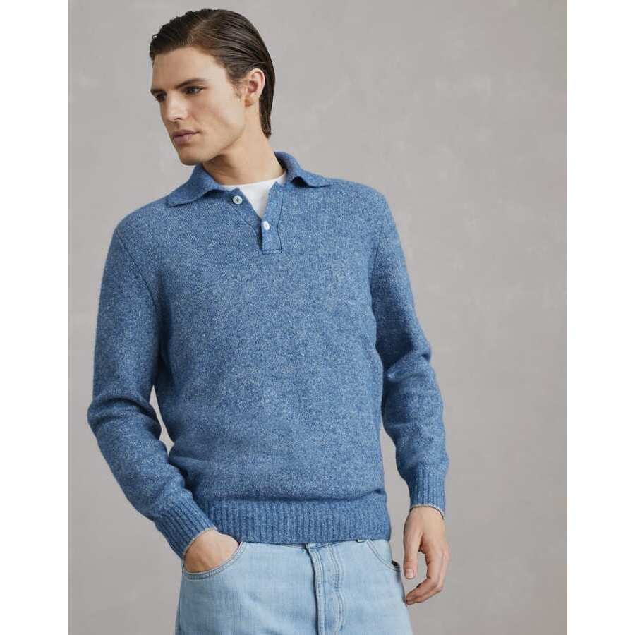 Brunello Cucinelli Men's Blue Wool Blend Polo Collar Sweater