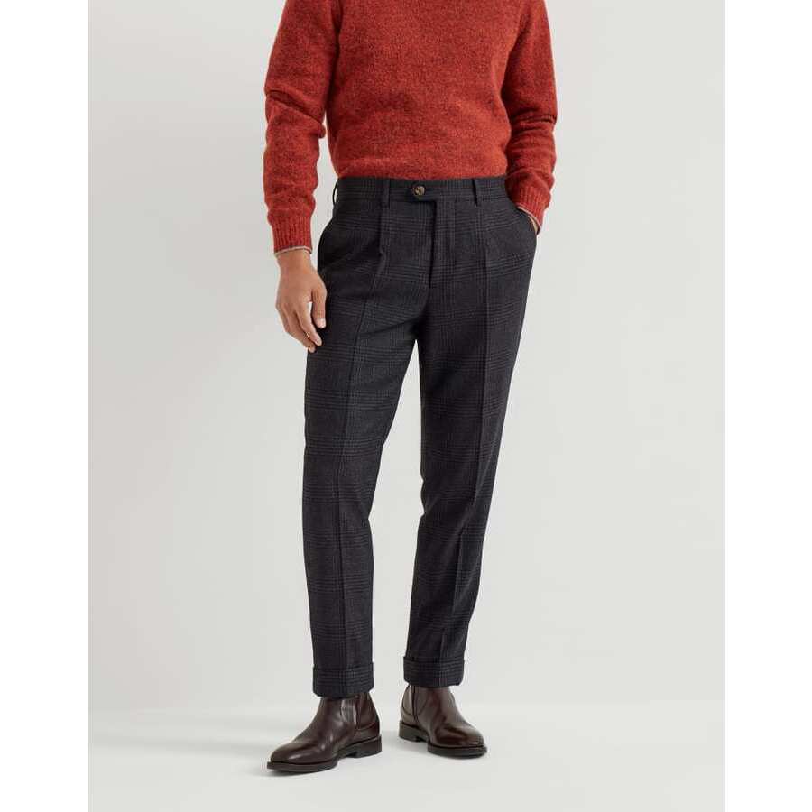 Brunello Cucinelli Men's Anthracite Wool Silk Checked Trousers