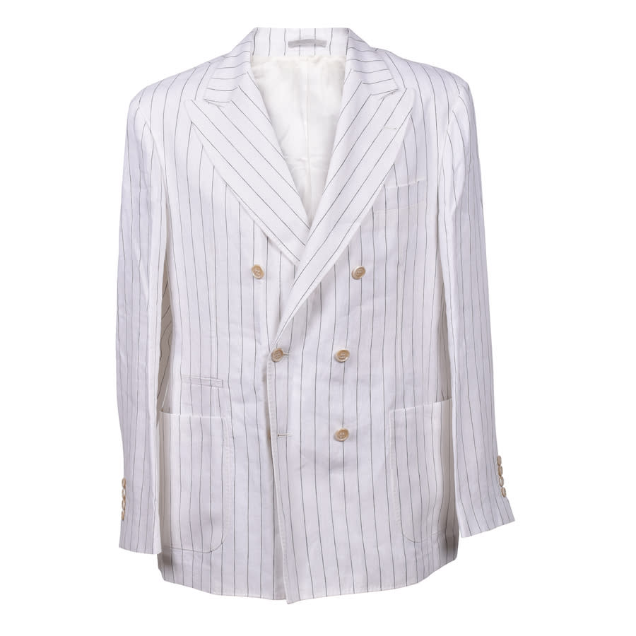 Brunello Cucinelli White Linen Double-Breasted Striped Blazer