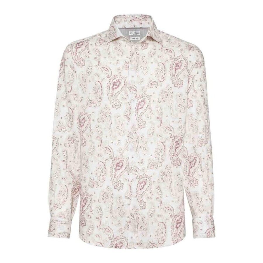Brunello Cucinelli Raspberry Paisley Linen Shirt — Brown