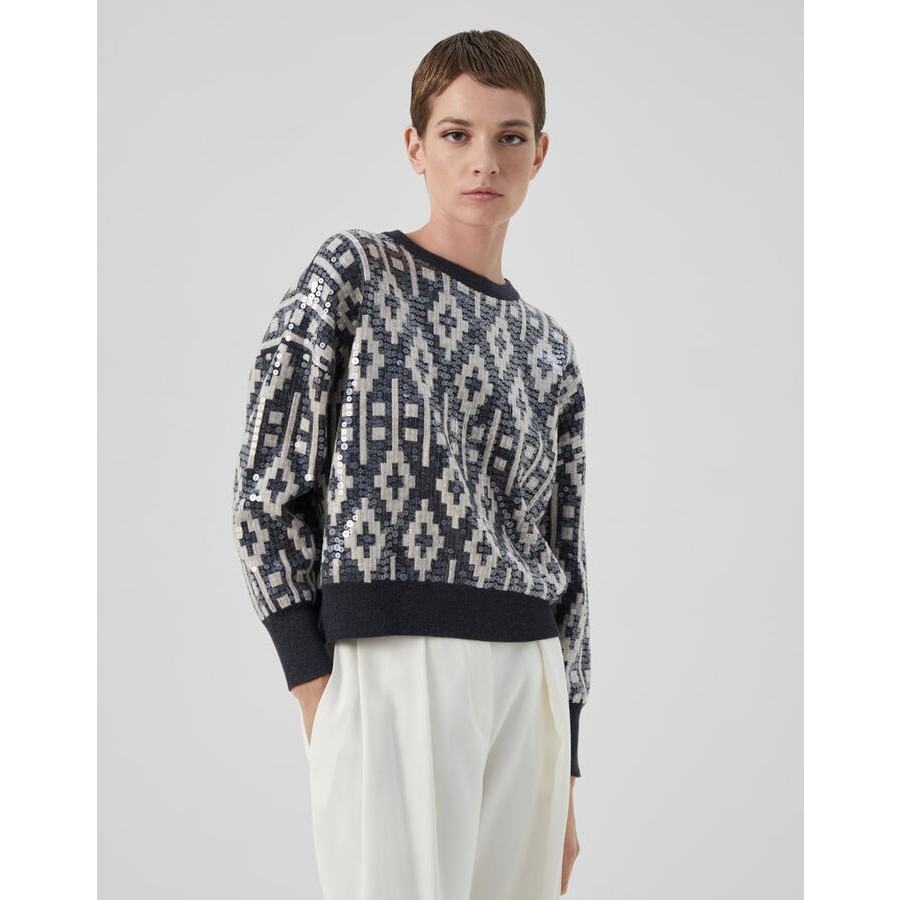 Brunello Cucinelli Women's Black Stone Wool Silk Jacquard Sweater