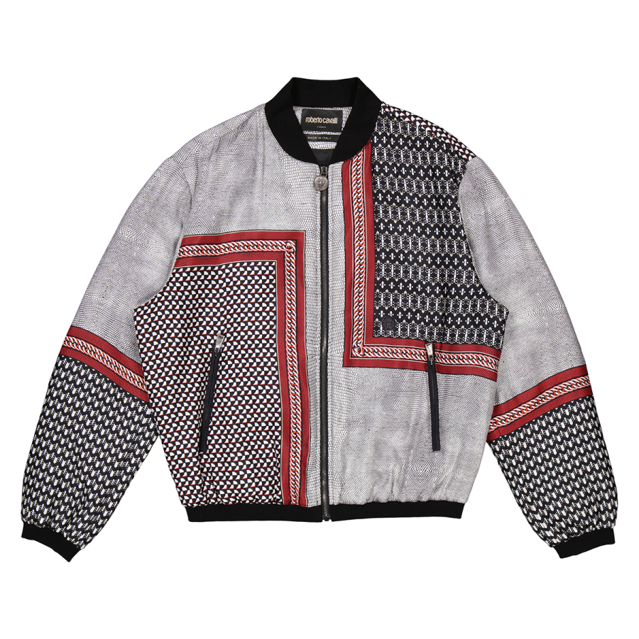 Roberto Cavalli Mens Carmine / Black Chain Foulard Print Silk Bomber Jacket