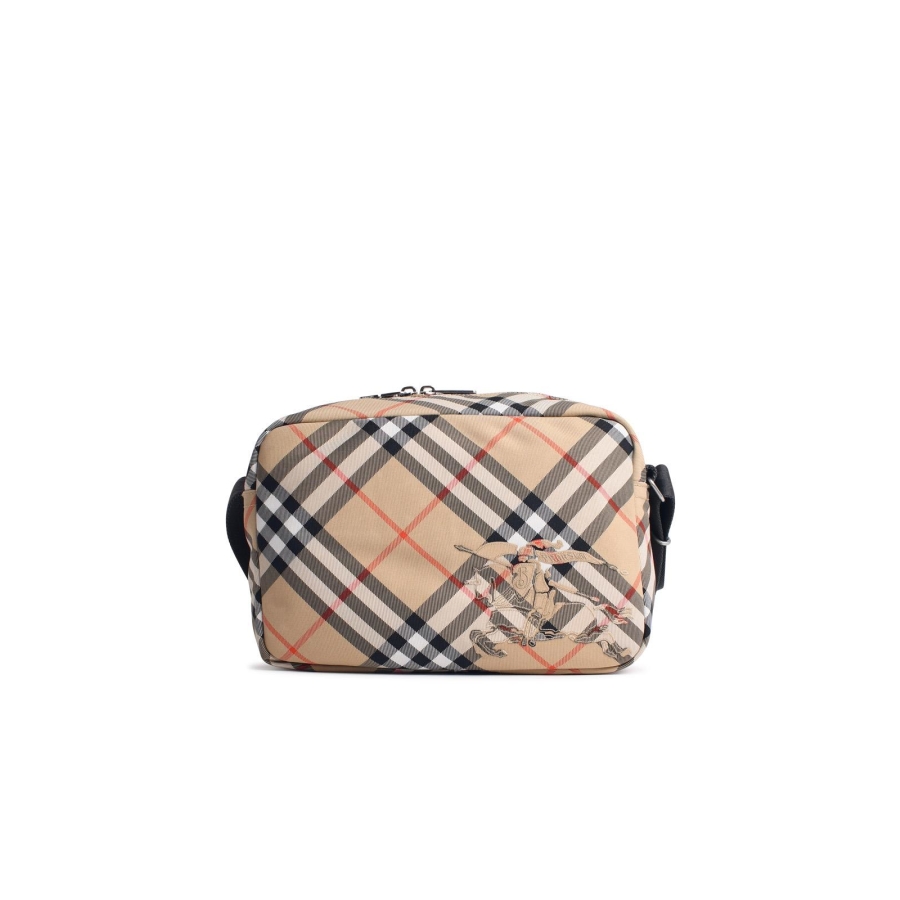 Burberry Check-Print Coated Canvas Crossbody Bag — Beige