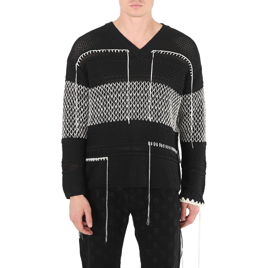 Roberto Cavalli Mens Black / Beige V Neck Stripe Sweater