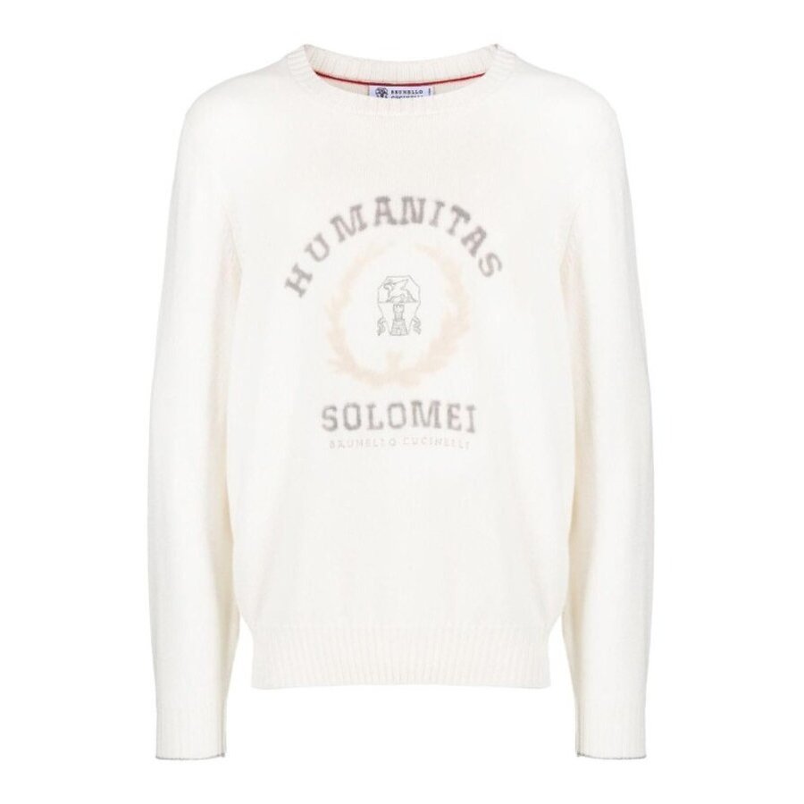 Brunello Cucinelli Logo-Embroidered Crew Neck Sweater — White