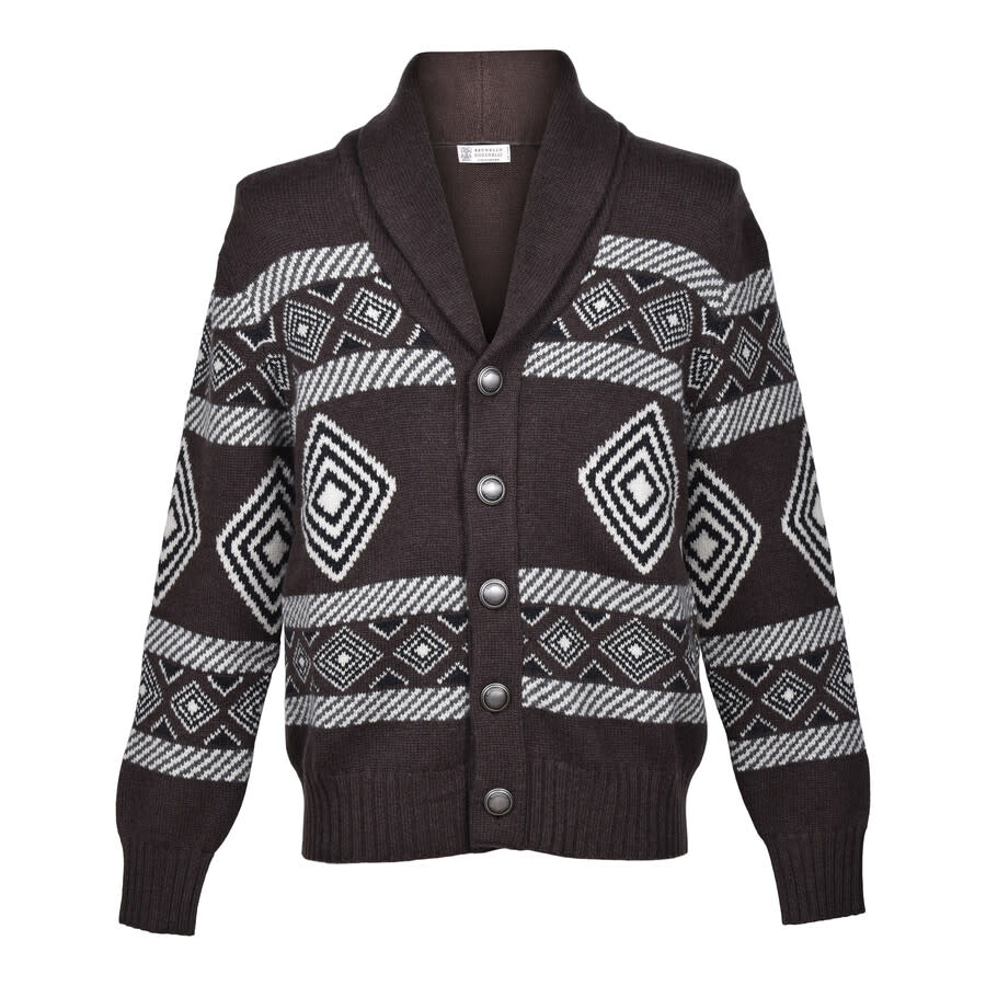 Brunello Cucinelli Men'S Brown Cashmere Patterned Cardigan Sweater