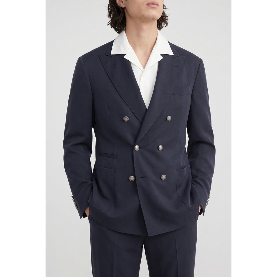Brunello Cucinelli Dark Blue Silk Double Breasted Blazer