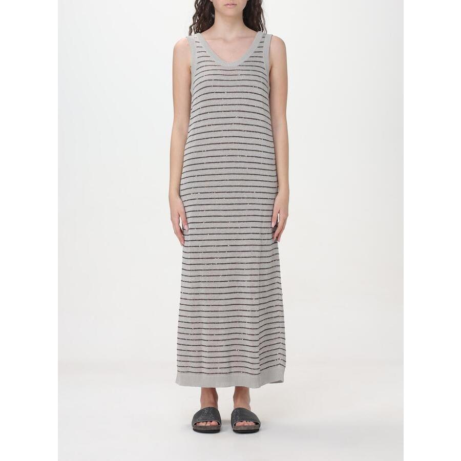 Brunello Cucinelli Wolight Grey Striped Sleeveless Dress