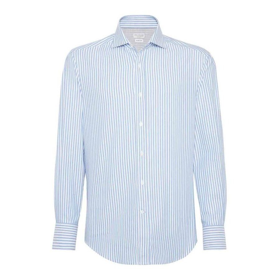 Brunello Cucinelli Men'S White And Light Blue Striped Shirt
