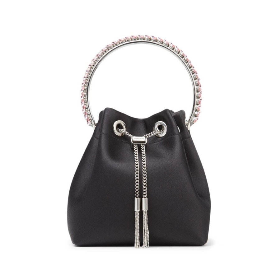 Jimmy Choo Bon Bon Mini Black Handbag With Metal Crystal Bracelet Handle In Satin Fabbric 1375$