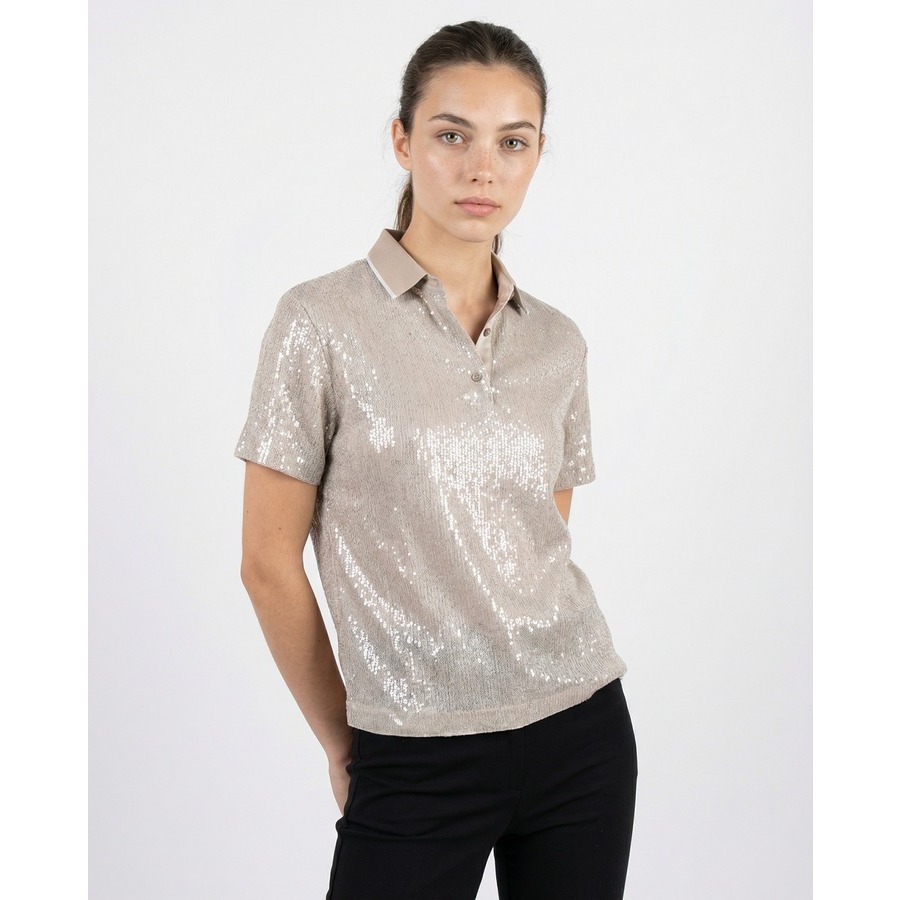 Brunello Cucinelli Women's Silver Silk Blend Sequin Polo Shirt