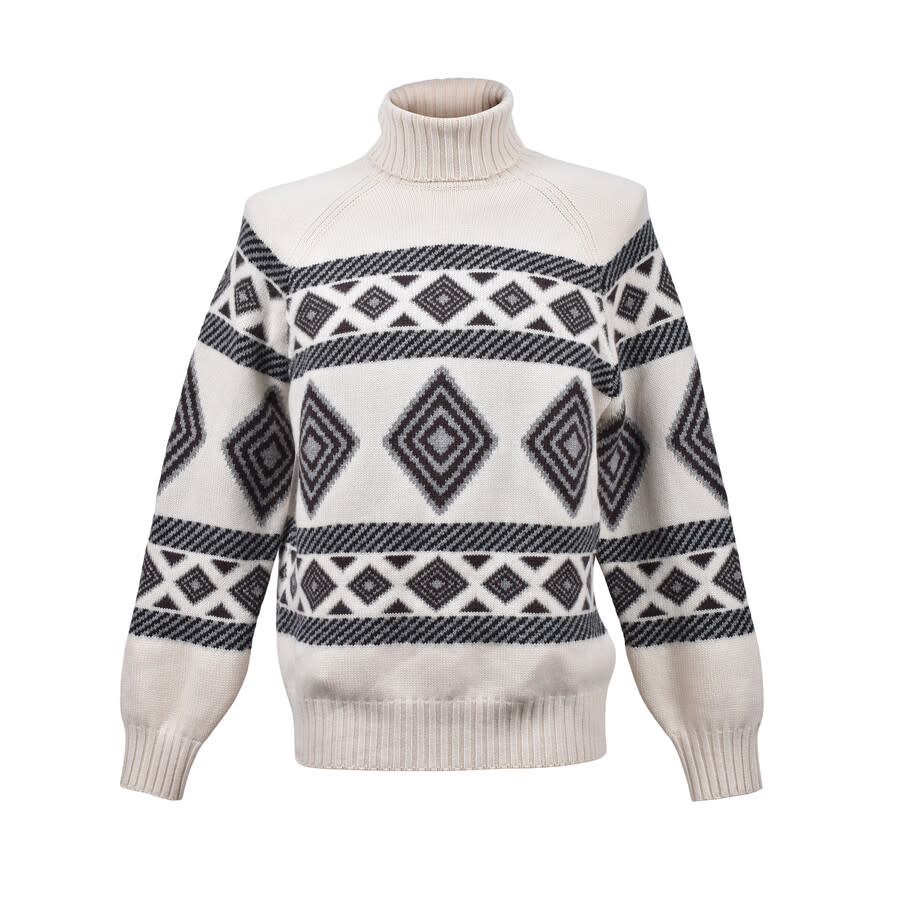 Brunello Cucinelli Men'S White Black Cashmere Patterned Turtleneck Sweater