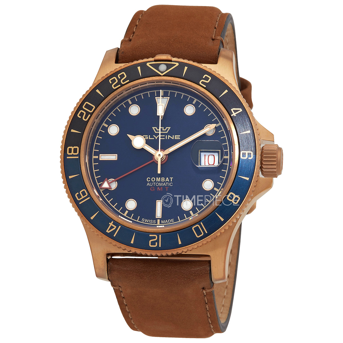 Glycine Combat Sub Sport 42 Bronze GMT Automatic Blue Dial Mens Watch GL0317