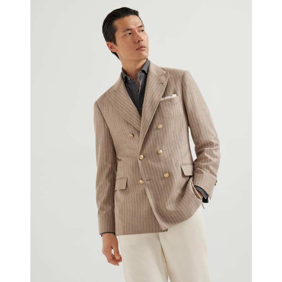 Brunello Cucinelli Men's Sand Grey Double Breasted Wool Silk Blazer