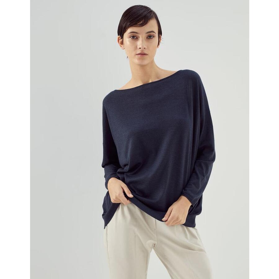 Brunello Cucinelli Womens Cold Blue Wool Silk Boat Neck Shirt
