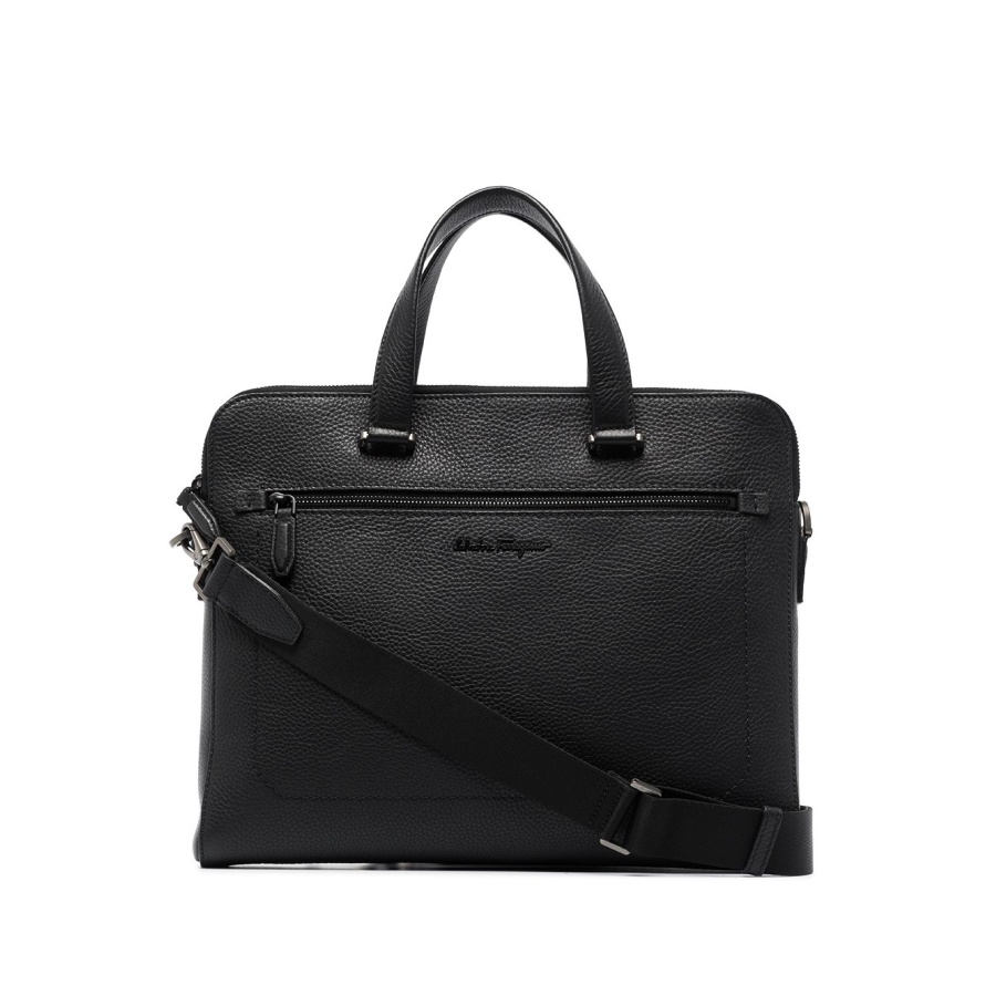 Salvatore Ferragamo Black Logo-Plaque Leather Briefcase