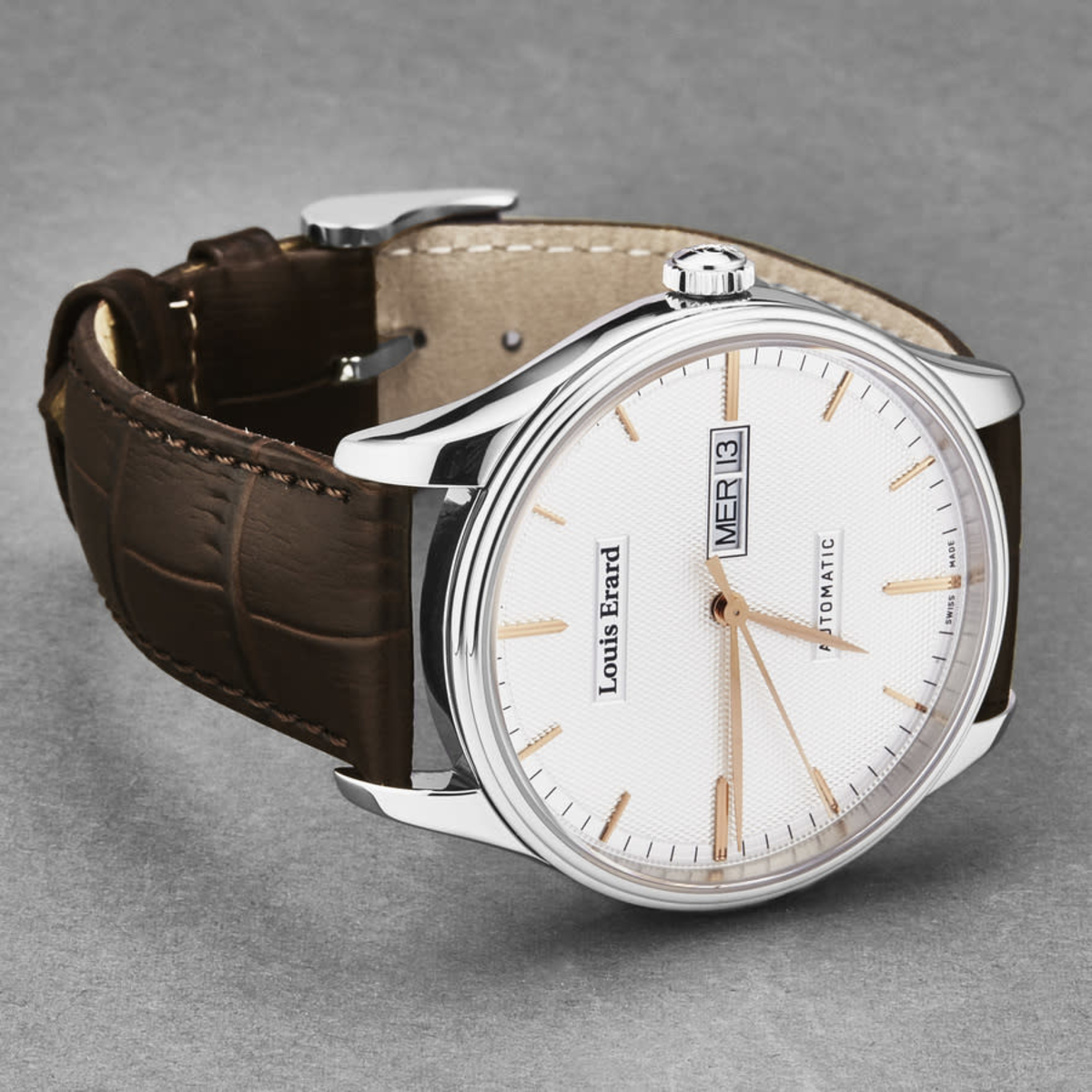 Louis Erard Heritage Day Date, Silver Dial With Leather Strap