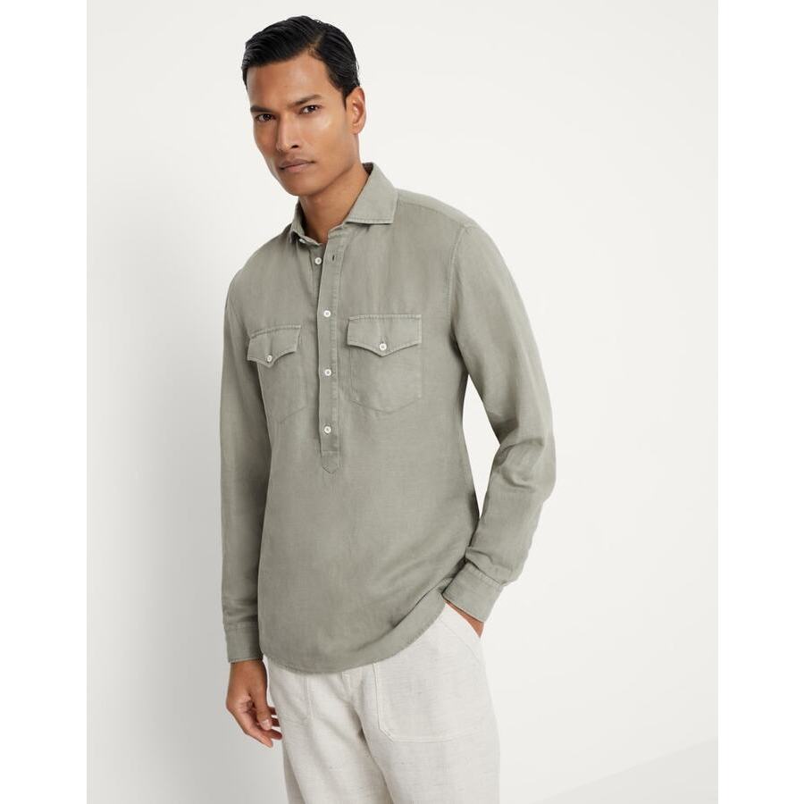 Brunello Cucinelli Men's Sage Linen Cotton Shirt