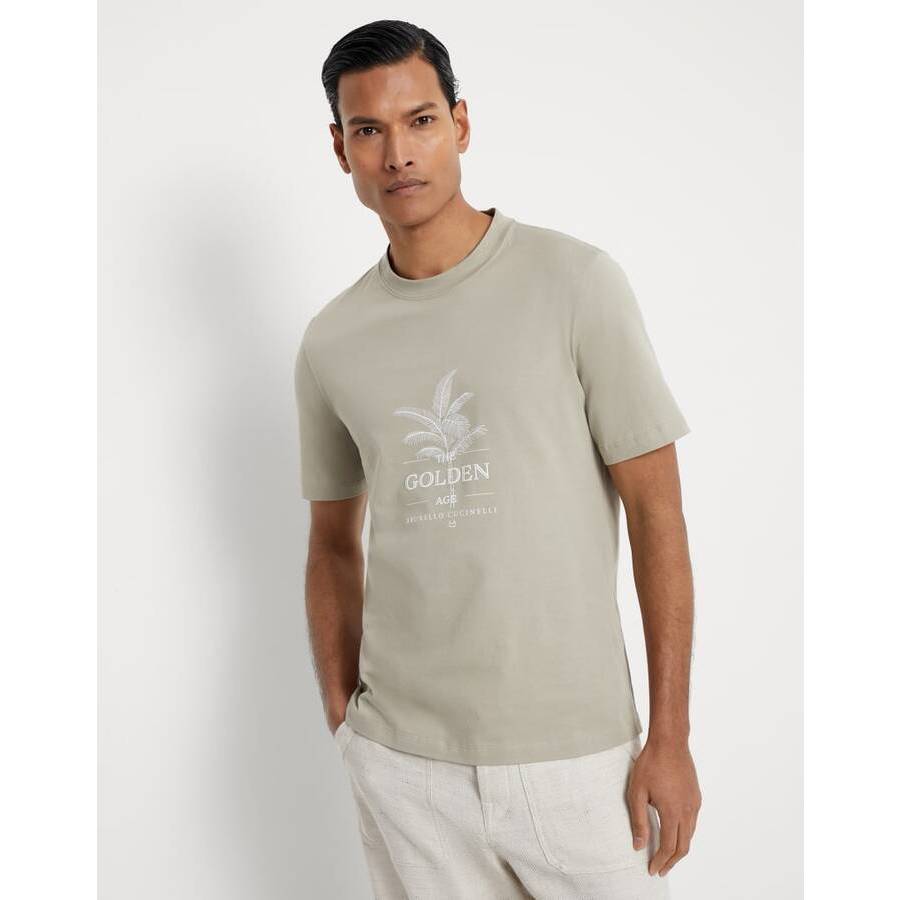 Brunello Cucinelli Men's Jackfruit Cotton Graphic Crew Neck Shirt