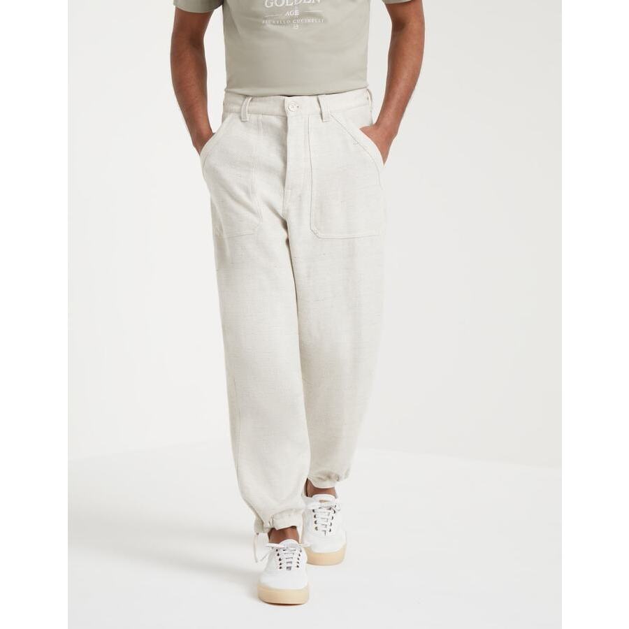 Brunello Cucinelli Men's Ecru Linen Wool Blend Relaxed Trousers