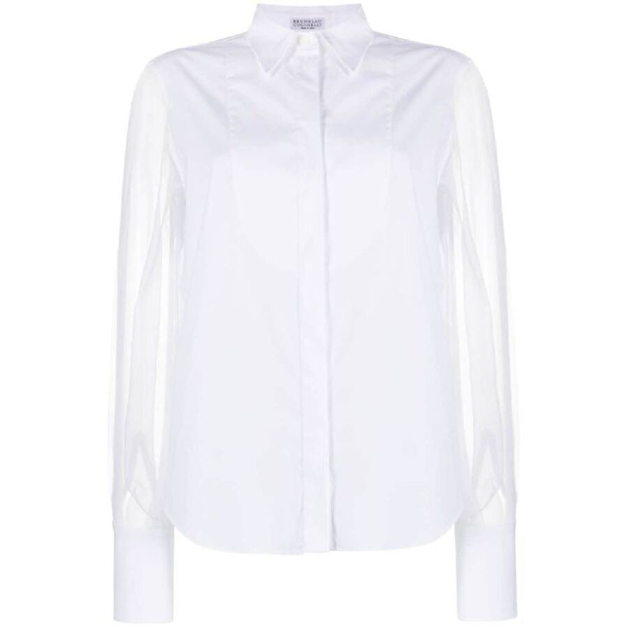 Brunello Cucinelli White Sheer Sleeve Button-Up Shirt