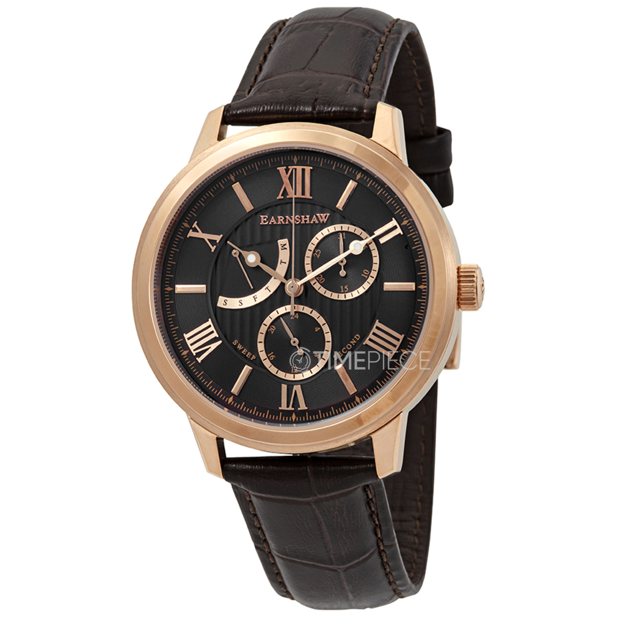 Thomas Earnshaw Automatisch skelethorloge voor heren, 44 mm lang, dubbele tijdzone, armband van roestvrij staal, 12 uur, weergave zon en maan en rotor versierd, zwart, Eén maat, ES-8006-05