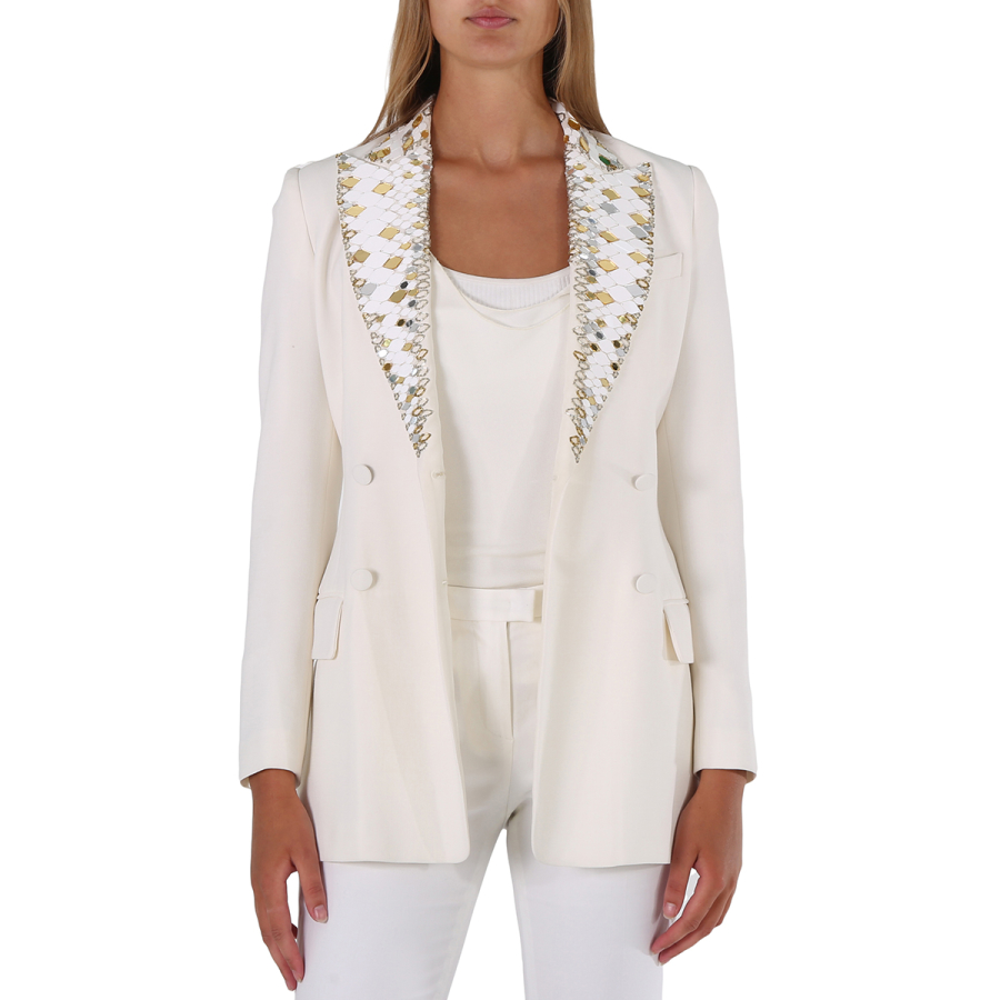 Roberto Cavalli Ladies White / Gold Mirror Snake Double Breasted Jacket
