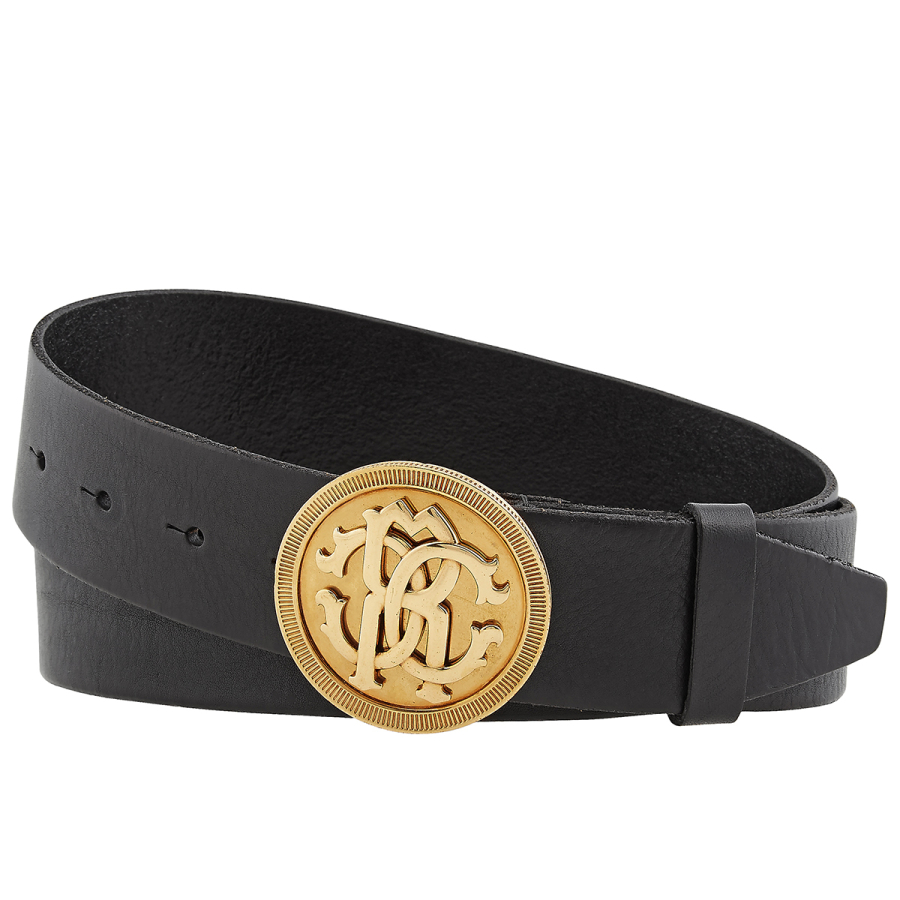 Roberto Cavalli Mens Black Leather RC Logo Medallion Buckle Belt