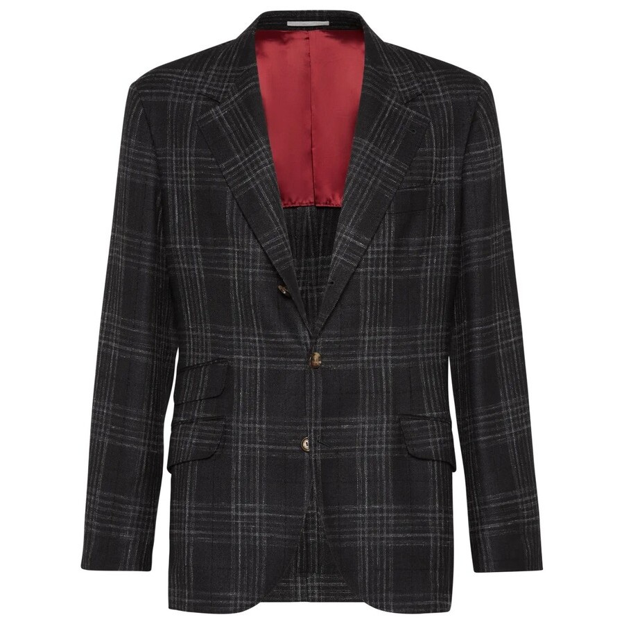 Brunello Cucinelli Anthracite Wool Silk Linen Plaid Blazer
