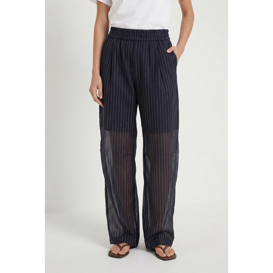 Brunello Cucinelli Navy Pinstriped Wide-Leg Trousers — Navy