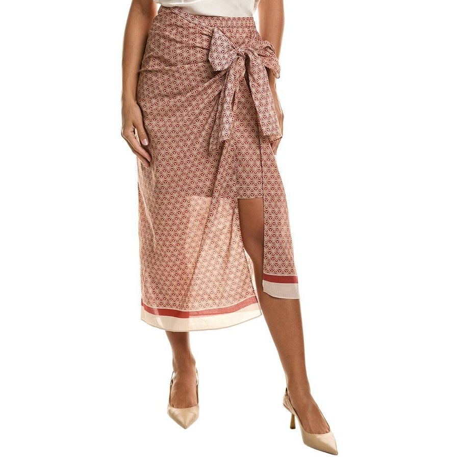 Brunello Cucinelli Women's Red Beige Patterned Wrap Skirt