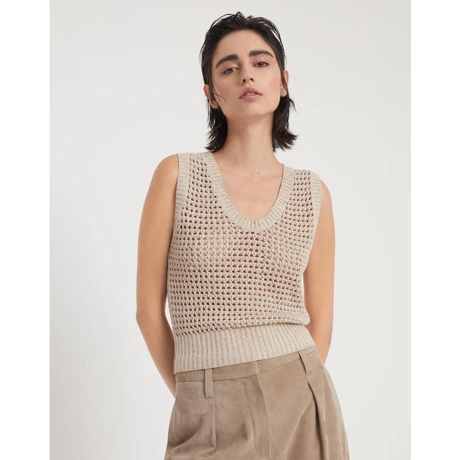 Brunello Cucinelli Openwork Knit Tank Top — Beige