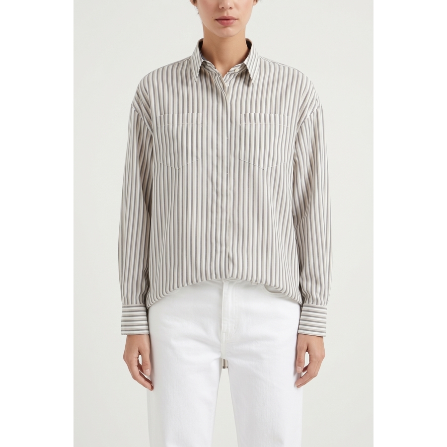 Brunello Cucinelli Beige Striped Silk Shirt