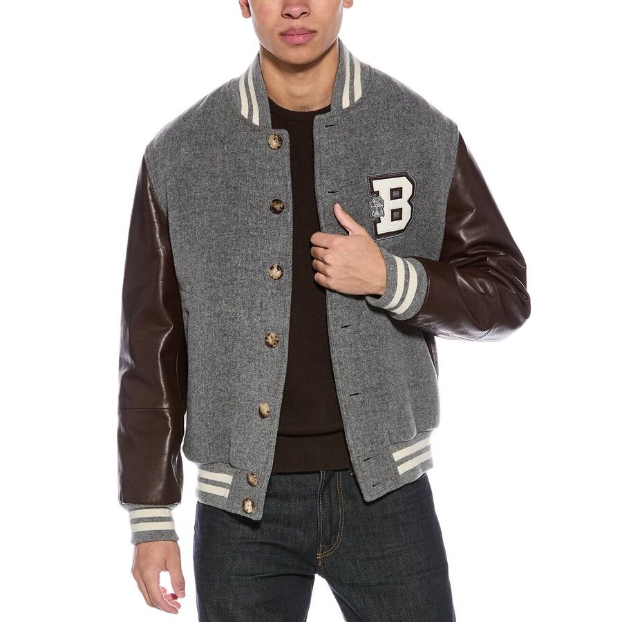 Brunello Cucinelli Men's Grey Wool Leather Sleeve Varsity Jacket