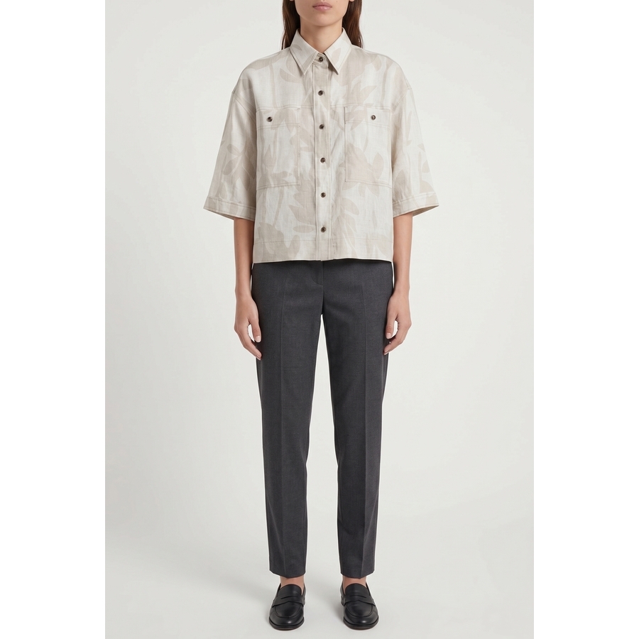 Brunello Cucinelli Wolight Beige Linen Boxy Shirt