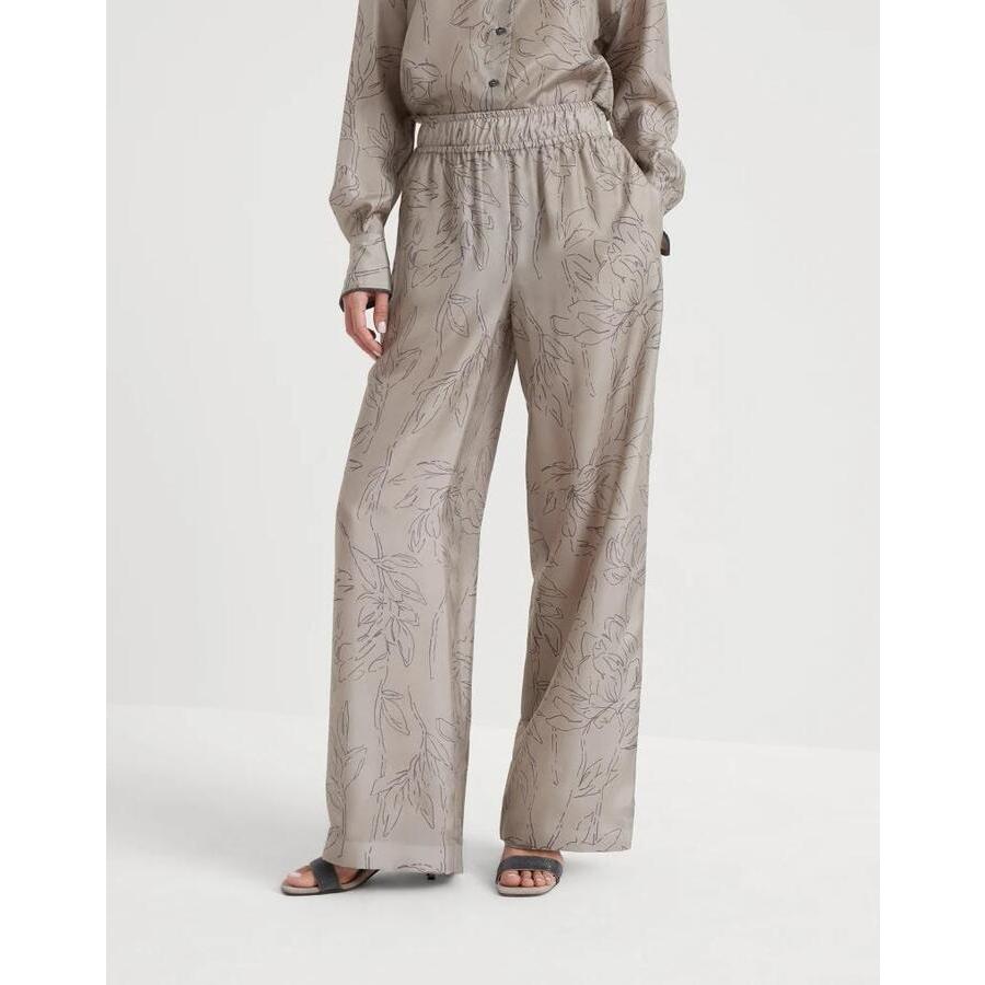 Brunello Cucinelli Wolight Beige Silk Wide Trousers