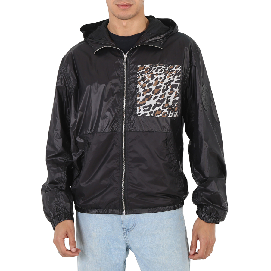 Roberto Cavalli Mens Black Lightweight Leopard Pocket Windbreaker Jacket, Brand Size 46 (US Size 36)